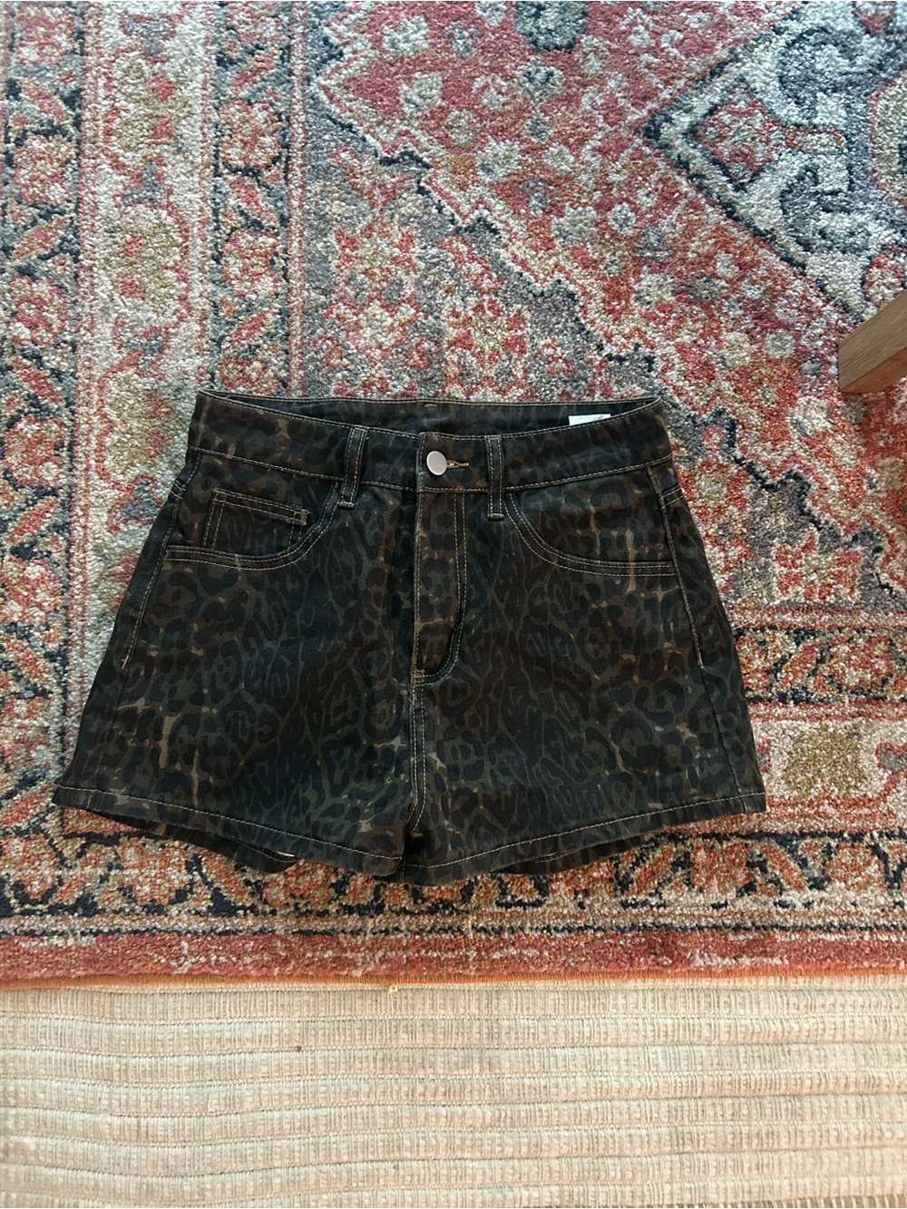 High-Rise Leopard Print Denim Shorts in Black and Brown